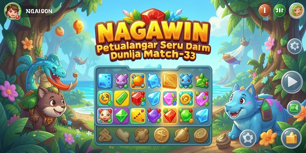 Screenshot gameplay NAGAWIN menampilkan elemen Match-3 yang penuh warna.