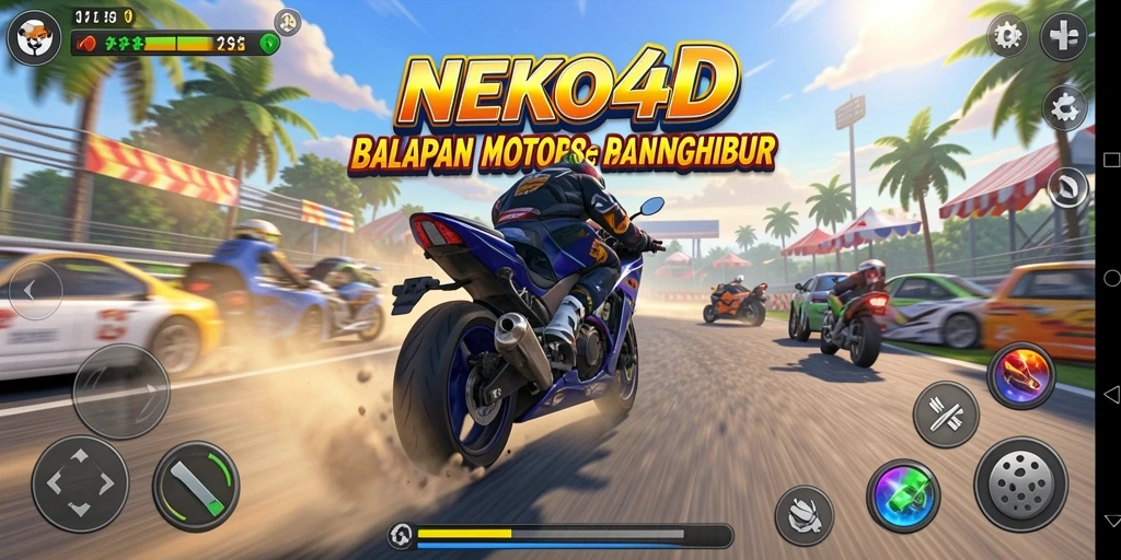 Tangkapan layar utama gameplay <strong>NEKO4D</strong> yang menampilkan balapan motor yang mendebarkan.